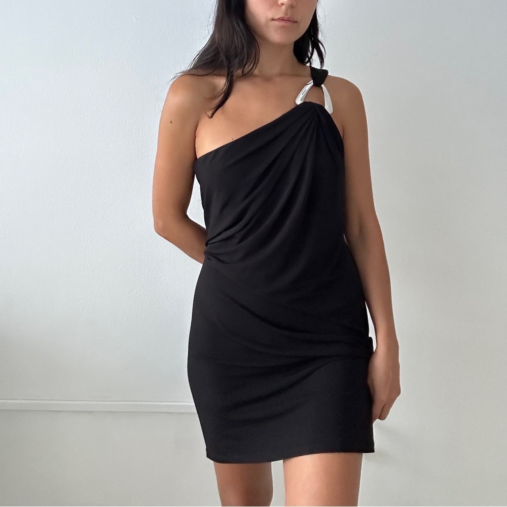 Black One-Shoulder Dress Silver Hardware